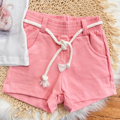 Conj. Blusa Carruagem e Short em Moletinho - Rosa e Branco